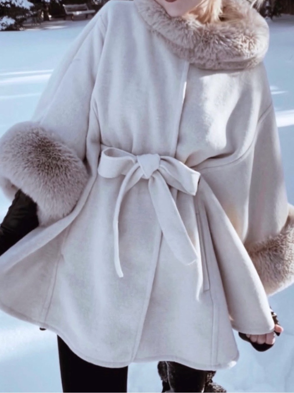 Elegant Cream Faux Fur Wool Blend Cape Coat with Tie Belt